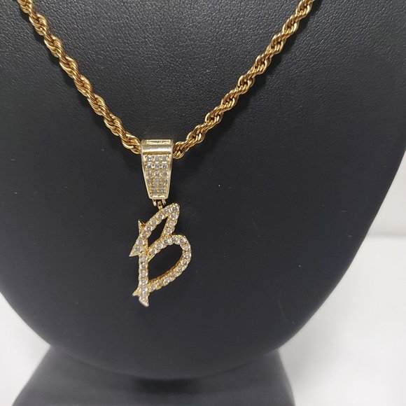 20” Gold Tennis Rope with “B” Initial Iced Out Pendant - Picture 2 of 4